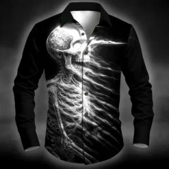Outlet OUKU Halloween Men's Skull Flame Halloween Costumes Shirt Button Up Shirt Long Sleeve Dark Punk Gothic Style Outdoor Holiday Summer Spring Turndown 3D Print Collared Shirts Blue Purple Orange Green Gray