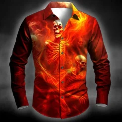 Clearance OUKU Halloween Men's Skull Flame Halloween Costumes Shirt Button Up Shirt Long Sleeve Dark Punk Gothic Style Outdoor Holiday Summer Spring Turndown 3D Print Collared Shirts Red Blue Dark Green