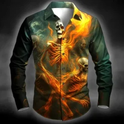 Clearance OUKU Halloween Men's Skull Flame Halloween Costumes Shirt Button Up Shirt Long Sleeve Dark Punk Gothic Style Outdoor Holiday Summer Spring Turndown 3D Print Collared Shirts Red Blue Dark Green