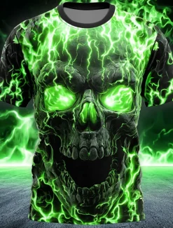 Online OUKU Halloween Men's Skull Flame T Shirt Short Sleeve T shirt 3D Print Crew Neck Shirt Gothic Street Casual Dark Party Lake Blue Blue Purple Summer Spring All Seasons Clothing Apparel S M L XL XXL XXXL