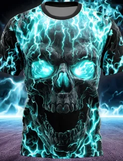 Online OUKU Halloween Men's Skull Flame T Shirt Short Sleeve T shirt 3D Print Crew Neck Shirt Gothic Street Casual Dark Party Lake Blue Blue Purple Summer Spring All Seasons Clothing Apparel S M L XL XXL XXXL