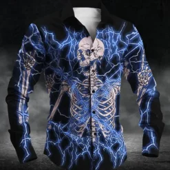 Sale OUKU Halloween Men's Skull Halloween Costumes Button Up Shirt Long Sleeve Horror Party Evening Wear Daily Fall Winter Spring & Summer Shirt Collar 3D Print Red Blue Purple Green