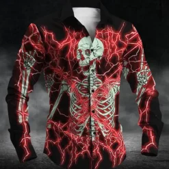 Sale OUKU Halloween Men's Skull Halloween Costumes Button Up Shirt Long Sleeve Horror Party Evening Wear Daily Fall Winter Spring & Summer Shirt Collar 3D Print Red Blue Purple Green