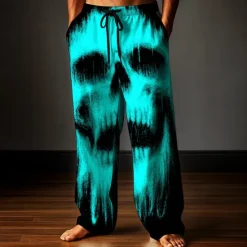 New OUKU Halloween Men's Skull Halloween Costumes Trousers Baggy Pants Casual Pants Mid Waist Dark Gothic Style Outdoor Holiday Elastic Drawstring Waist Linen-Like Pants with Pockets Summer Spring Fall 3D