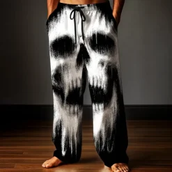New OUKU Halloween Men's Skull Halloween Costumes Trousers Baggy Pants Casual Pants Mid Waist Dark Gothic Style Outdoor Holiday Elastic Drawstring Waist Linen-Like Pants with Pockets Summer Spring Fall 3D