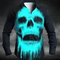 Clearance OUKU Halloween Men's Skull Halloween Costumes Shirt Button Up Shirt Long Sleeve Dark Punk Gothic Style Outdoor Holiday Summer Spring Turndown 3D Print Collared Shirts White Red Blue Green Light Blue