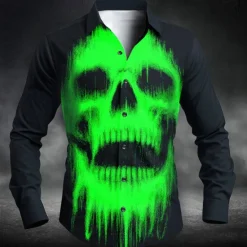Clearance OUKU Halloween Men's Skull Halloween Costumes Shirt Button Up Shirt Long Sleeve Dark Punk Gothic Style Outdoor Holiday Summer Spring Turndown 3D Print Collared Shirts White Red Blue Green Light Blue