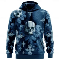 Hot OUKU Halloween Men's Skull Hoodies Sweatshirt Punk Exaggerated Long Sleeve Crew Neck Club Streetwear Black Blue Drawstring 3D Fall Winter Designer