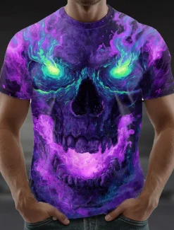 Discount OUKU Halloween Men's Skull Optical Illusion 3D T Shirt Short Sleeve T shirt 3D Print Crew Neck Shirt Exaggerated Designer Horror Party Street Casual Red Purple Green Summer Spring All Seasons Clothing