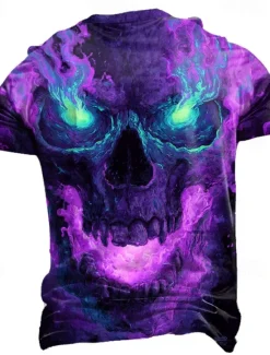 Discount OUKU Halloween Men's Skull Optical Illusion 3D T Shirt Short Sleeve T shirt 3D Print Crew Neck Shirt Exaggerated Designer Horror Party Street Casual Red Purple Green Summer Spring All Seasons Clothing