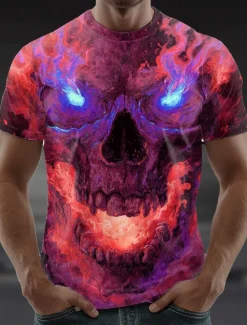 Discount OUKU Halloween Men's Skull Optical Illusion 3D T Shirt Short Sleeve T shirt 3D Print Crew Neck Shirt Exaggerated Designer Horror Party Street Casual Red Purple Green Summer Spring All Seasons Clothing