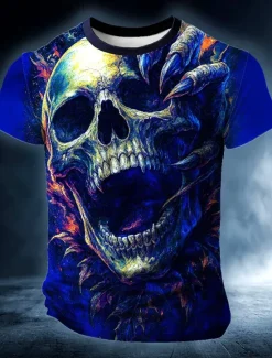 Sale OUKU Halloween Men's Skull Optical Illusion 3D T Shirt Short Sleeve T shirt 3D Print Crew Neck Shirt Exaggerated Designer 3D Party Street Casual Red Blue Green Summer Spring All Seasons Clothing Apparel S