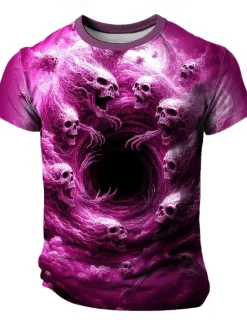 New OUKU Halloween Men's Skull Optical Illusion 3D T Shirt Short Sleeve T shirt 3D Print Crew Neck Shirt Exaggerated Designer Horror Party Street Casual Yellow Blue Purple Summer Spring All Seasons Clothing