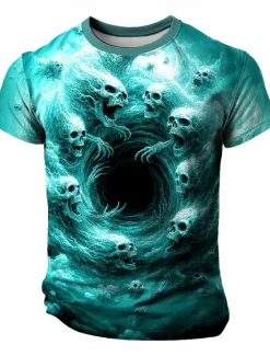 New OUKU Halloween Men's Skull Optical Illusion 3D T Shirt Short Sleeve T shirt 3D Print Crew Neck Shirt Exaggerated Designer Horror Party Street Casual Yellow Blue Purple Summer Spring All Seasons Clothing