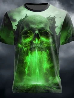 New OUKU Halloween Men's Skull Optical Illusion 3D T Shirt Short Sleeve T shirt 3D Print Crew Neck Shirt Exaggerated Designer Horror Party Street Holiday Blue Orange Green Summer Spring Clothing Apparel S M L