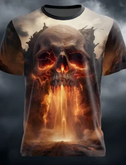 New OUKU Halloween Men's Skull Optical Illusion 3D T Shirt Short Sleeve T shirt 3D Print Crew Neck Shirt Exaggerated Designer Horror Party Street Holiday Blue Orange Green Summer Spring Clothing Apparel S M L