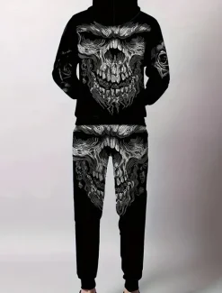 Hot OUKU Halloween Men's Skull 2pcs 3D Sweatshirt Sets Tracksuit Hoodie Sweatshirt Long Sleeve Long pants Hooded Casual Daily Athleisure 3D Print Spring Fall Winter Black Blue Grey