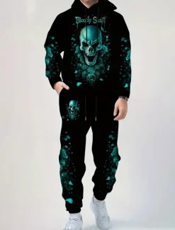 Outlet OUKU Halloween Men's Skull 2pcs 3D Sweatshirt Sets Tracksuit Hoodie Sweatshirt Long Sleeve Long pants Hooded Casual Daily Athleisure 3D Print Spring Fall Winter Lake blue Amethyst Blue