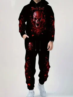 Outlet OUKU Halloween Men's Skull 2pcs 3D Sweatshirt Sets Tracksuit Hoodie Sweatshirt Long Sleeve Long pants Hooded Casual Daily Athleisure 3D Print Spring Fall Winter Lake blue Amethyst Blue