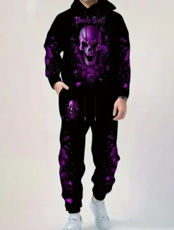 Outlet OUKU Halloween Men's Skull 2pcs 3D Sweatshirt Sets Tracksuit Hoodie Sweatshirt Long Sleeve Long pants Hooded Casual Daily Athleisure 3D Print Spring Fall Winter Lake blue Amethyst Blue