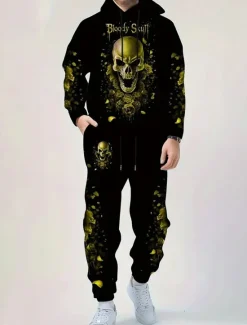 Outlet OUKU Halloween Men's Skull 2pcs 3D Sweatshirt Sets Tracksuit Hoodie Sweatshirt Long Sleeve Long pants Hooded Casual Daily Athleisure 3D Print Spring Fall Winter Lake blue Amethyst Blue