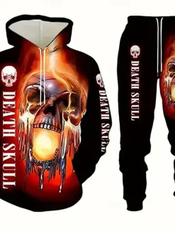 Outlet OUKU Halloween Men's Skull 2pcs 3D Sweatshirt Sets Tracksuit Hoodie Sweatshirt Long Sleeve Long pants Hooded Casual Daily Athleisure 3D Print Spring Fall Winter Pink Red Orange