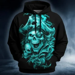 New OUKU Halloween Men's Skull Pirate Hoodies Sweatshirt Punk Exaggerated Long Sleeve Crew Neck Club Streetwear Lake blue White Drawstring Fall Winter Designer