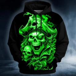 New OUKU Halloween Men's Skull Pirate Hoodies Sweatshirt Punk Exaggerated Long Sleeve Crew Neck Club Streetwear Lake blue White Drawstring Fall Winter Designer