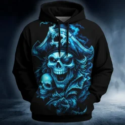 New OUKU Halloween Men's Skull Pirate Hoodies Sweatshirt Punk Exaggerated Long Sleeve Crew Neck Club Streetwear Lake blue White Drawstring Fall Winter Designer
