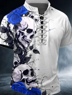 Discount OUKU Halloween Men's Skull Rose Henley Shirt T shirt Tee Short Sleeve T shirt 3D Print Crew Neck Lace Up Neck Henley Shirt Fashion Daily Basic Street Sports Outdoor Casual Red Blue Purple Summer Spring