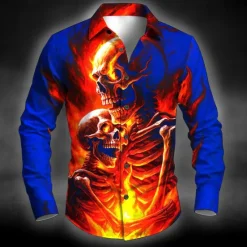 Online OUKU Halloween Men's Skull Skeleton Halloween Costumes Shirt Button Up Shirt Long Sleeve Dark Punk Gothic Style Outdoor Holiday Summer Spring Turndown 3D Print Collared Shirts Black Red Blue Green Dark