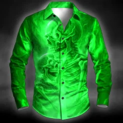 Online OUKU Halloween Men's Skull Skeleton Halloween Costumes Shirt Button Up Shirt Long Sleeve Dark Punk Gothic Style Outdoor Holiday Summer Spring Turndown 3D Print Collared Shirts Black Red Blue Green Dark