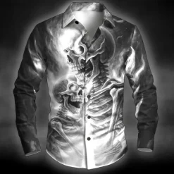 Online OUKU Halloween Men's Skull Skeleton Halloween Costumes Shirt Button Up Shirt Long Sleeve Dark Punk Gothic Style Outdoor Holiday Summer Spring Turndown 3D Print Collared Shirts Black Red Blue Green Dark