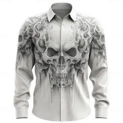 Online OUKU Halloween Men's Skull Skeleton Death Shirt Button Up Shirt Long Sleeve Dark Punk Gothic Style Outdoor Holiday Summer Spring Turndown 3D Print Collared Shirts White 1 White