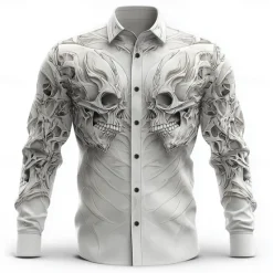Online OUKU Halloween Men's Skull Skeleton Death Shirt Button Up Shirt Long Sleeve Dark Punk Gothic Style Outdoor Holiday Summer Spring Turndown 3D Print Collared Shirts White 1 White