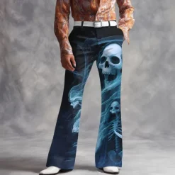 New OUKU Halloween Men's Skull Smoke Halloween Costumes Disco Pants 60s 70s Bell Bottoms Mid Waist Dark Gothic Style Outdoor Holiday Side Pockets Flared Leg Pants Trousers Spring Fall 3D Print Purple Green