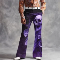 New OUKU Halloween Men's Skull Smoke Halloween Costumes Disco Pants 60s 70s Bell Bottoms Mid Waist Dark Gothic Style Outdoor Holiday Side Pockets Flared Leg Pants Trousers Spring Fall 3D Print Purple Green