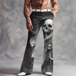 New OUKU Halloween Men's Skull Smoke Halloween Costumes Disco Pants 60s 70s Bell Bottoms Mid Waist Dark Gothic Style Outdoor Holiday Side Pockets Flared Leg Pants Trousers Spring Fall 3D Print Purple Green