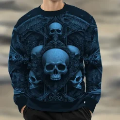 Sale OUKU Halloween Men's Skull Sweatshirt Casual Long Sleeve Crew Neck Black Yellow Crewneck 3D Print 3D All Seasons Designer