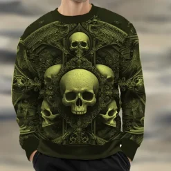 Sale OUKU Halloween Men's Skull Sweatshirt Casual Long Sleeve Crew Neck Black Yellow Crewneck 3D Print 3D All Seasons Designer