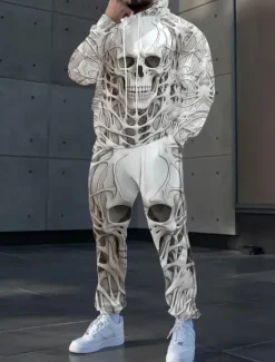 Clearance OUKU Halloween Men's Skulls 2pcs 3D Sweatshirt Sets Tracksuit Hoodie Sweatshirt Long Sleeve Long pants Hooded Casual Daily Modern Urban Athleisure Streetwear 3D Print Spring Fall Winter White Dark Gray