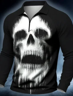 Discount OUKU Halloween Men's Skulls Polo Long Sleeve Polo Shirts Casual Dark Outdoor Street Daily Wear 3D Print Quarter Zip Polo Spring Fall Winter White Red Blue