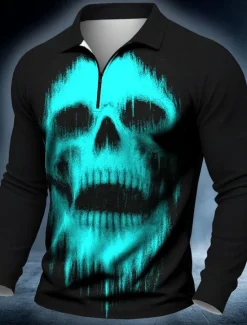 Discount OUKU Halloween Men's Skulls Polo Long Sleeve Polo Shirts Casual Dark Outdoor Street Daily Wear 3D Print Quarter Zip Polo Spring Fall Winter White Red Blue