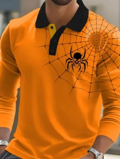 New OUKU Halloween Men's Spider web Polo Long Sleeve Polo Shirts Lapel Casual Street Athleisure Daily Wear 3D Print Buttons Spring Fall Winter Red Orange Green
