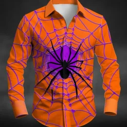 Sale OUKU Halloween Men's Spider web Halloween Costumes Shirt Button Up Shirt Long Sleeve Dark Gothic Style Outdoor Holiday Summer Spring Turndown 3D Print Collared Shirts Orange Green Rose Red