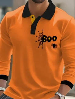Sale OUKU Halloween Men's Spider web Polo Long Sleeve Polo Shirts Lapel Casual Street Athleisure Daily Wear 3D Print Buttons Spring Fall Winter Black Orange Brown
