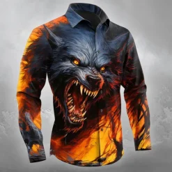 Best OUKU Halloween Men's Wolf Halloween Costumes Shirt Button Up Shirt Long Sleeve Dark Gothic Style Outdoor Holiday Spring Fall Turndown 3D Print Collared Shirts Orange yellow Blue Orange Dark Blue