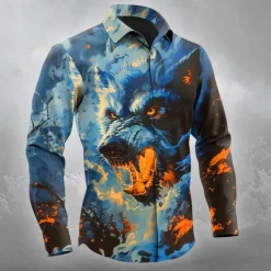 Best OUKU Halloween Men's Wolf Halloween Costumes Shirt Button Up Shirt Long Sleeve Dark Gothic Style Outdoor Holiday Spring Fall Turndown 3D Print Collared Shirts Orange yellow Blue Orange Dark Blue