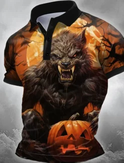Discount OUKU Halloween Men's Wolf Polo Short Sleeve Polo Shirts Collared Shirts Casual Horror Dark Athleisure Festival Outfit 3D Print Buttons Summer Black Orange