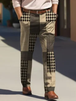 Sale OUKU Houndstooth Business Casual Men's Business 3D Printed Dress Pants Flat Front Straight-Leg Relaxed-fit Polyester Medium Waist Pants Outdoor Street Wear to Work Daily Wear S TO 3XL